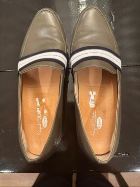 Dr. Scholl's Olive Green Leather Loafers with Navy and White Stripes